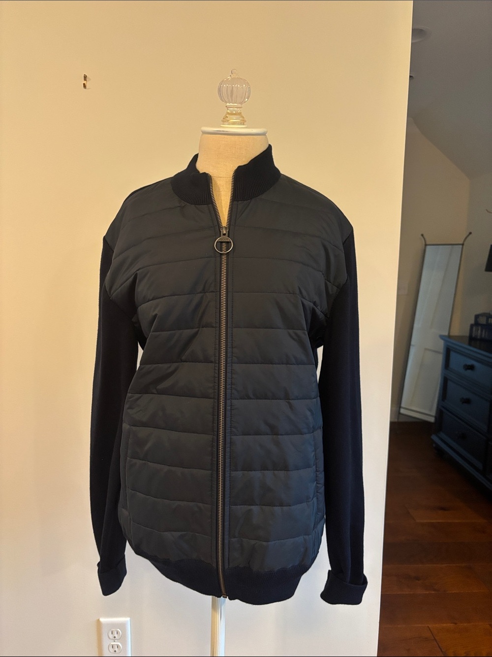Barbour Carn Baffle Zip Thru navy hybrid jacket with Knit Sleeves